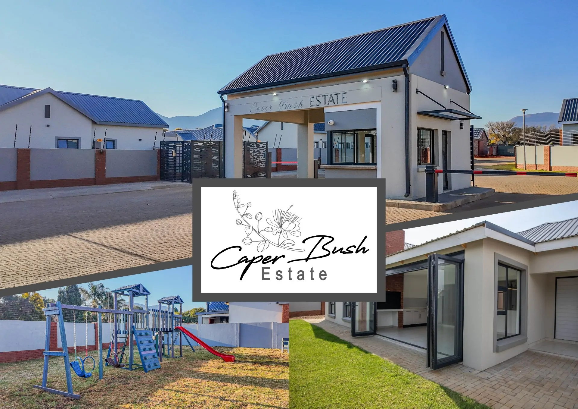 Caper Bush Estate entrance, park, and contemporary homes
